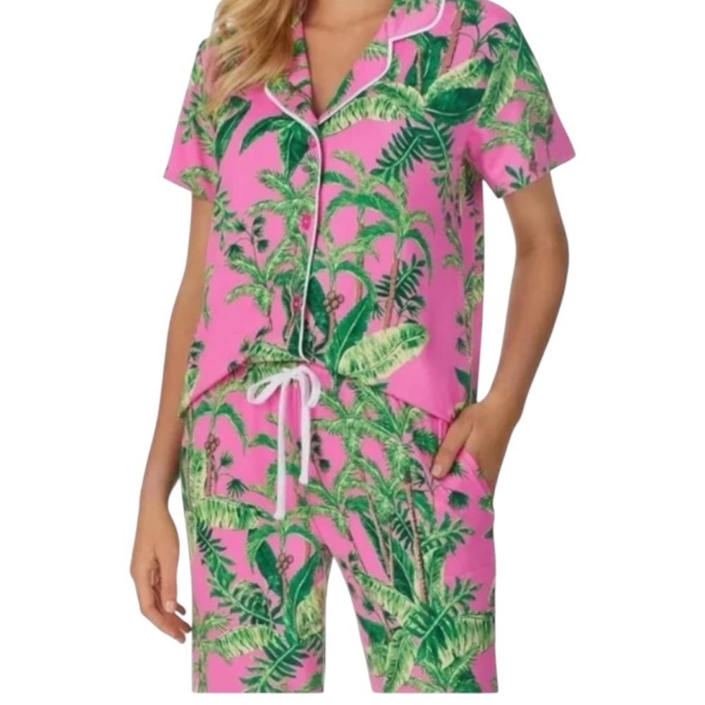 Room Service Sz Med Pink With Green Palm Trees Cropped Pajama Set - Picture 2 of 5